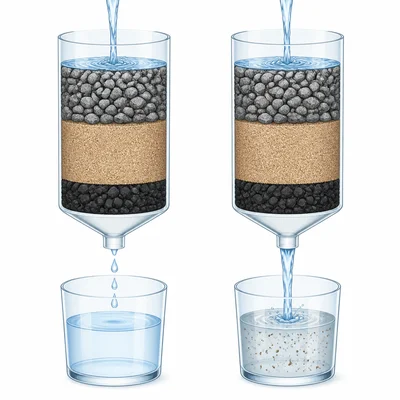 Two water filters showing a trade-off between speed and cleanliness.