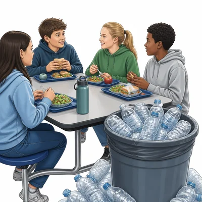 School cafeteria scene with many discarded plastic water bottles.