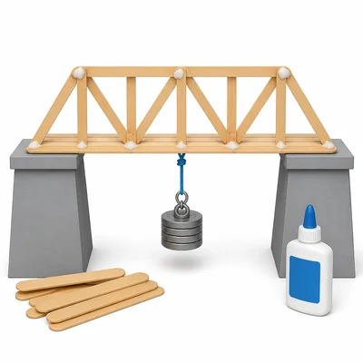 Craft-stick bridge spanning a gap and holding a hanging weight.