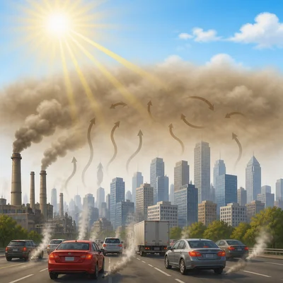 Sunlight reacting with city pollution to form thicker smog.