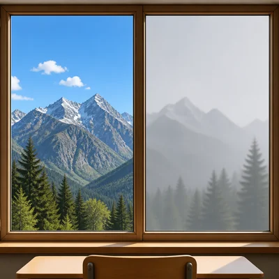 A mountain view that is clear on one side and blurry behind haze on the other.