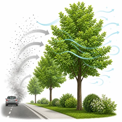 Trees helping clean polluted air near a street.