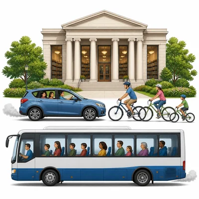 Family transportation choices to a library: car, bicycles, and bus.