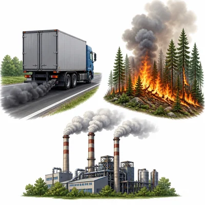 Three pollution sources: truck exhaust, wildfire smoke, and factory smoke.
