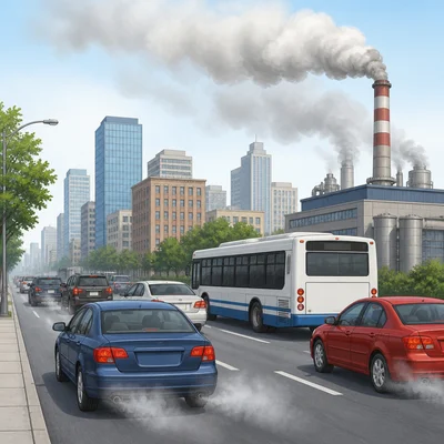 City scene showing cars and a factory releasing air pollution.