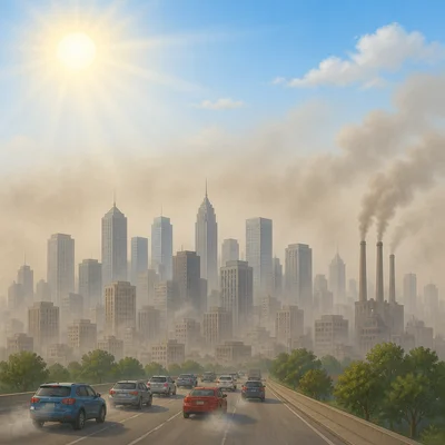 Brown-gray smog haze over a city with car and factory exhaust.