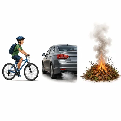 Three activities: biking, an idling car, and burning trash.