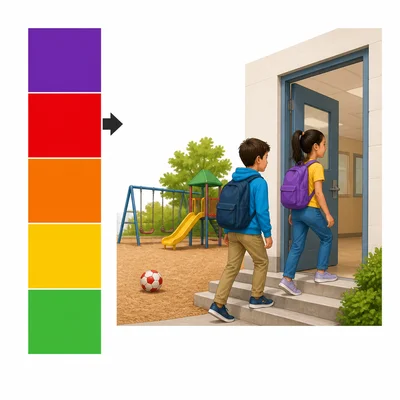 Air quality color scale with children going indoors near the red level.