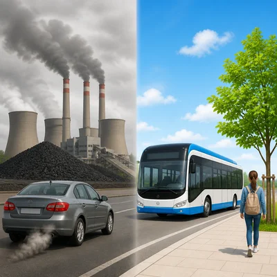 Polluting transportation and power sources compared with cleaner travel choices.