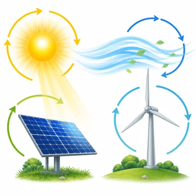 Sunlight and wind shown with a solar panel and wind turbine in a renewable energy cycle.