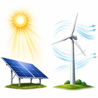 Solar energy needing sunlight and wind energy needing moving air.