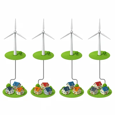 Four wind turbines each connected to a group of homes.