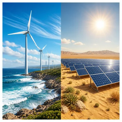 A windy coast with turbines and a sunny desert with solar panels.