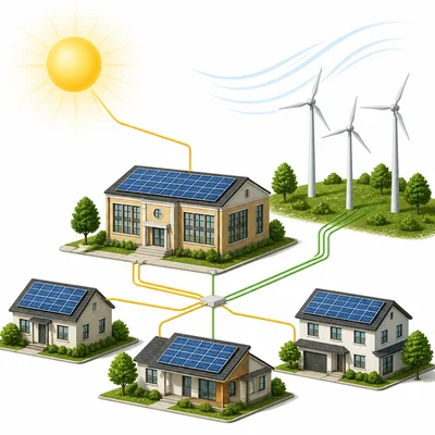 A community using both solar panels and wind turbines for electricity.