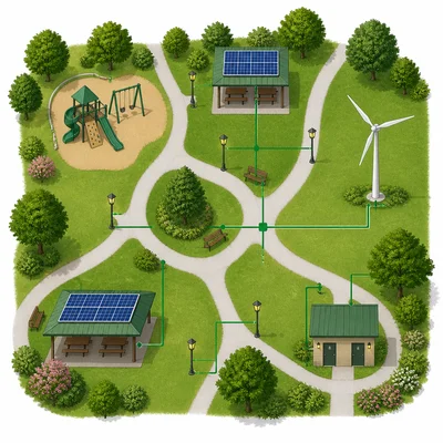 A park energy plan using solar panels and a wind turbine to power park features.
