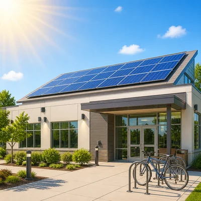 Solar panels on a sunny building roof powering nearby outdoor features.