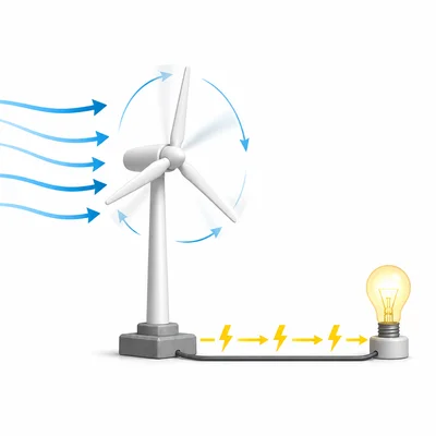 Wind turns a turbine and produces electricity for a light bulb.