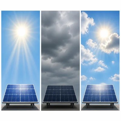 Three weather conditions for solar panels: sunny, cloudy, and partly cloudy.