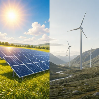A sunny field with solar panels compared with a calm valley containing still wind turbines.