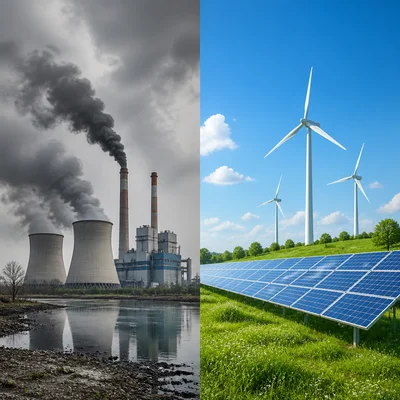 Coal power with smoke compared to clean solar panels and wind turbines.