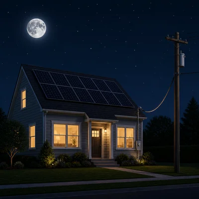 A house with solar panels at night connected to the power grid.