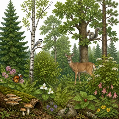 A diverse forest ecosystem with many plants, animals, fungi, and insects.