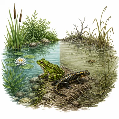 A frog and salamander near a pond showing sensitivity to water and land conditions.