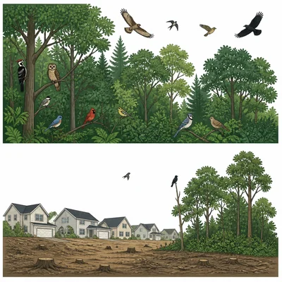 A large forest with many birds compared with a smaller forest near housing with fewer birds.