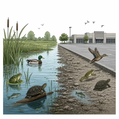 A wetland habitat partly replaced by pavement and buildings, with animals displaced.