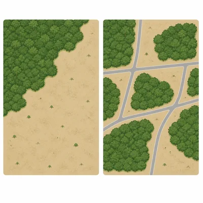 Two map-like scenes showing forest habitat removed and forest habitat split into patches.