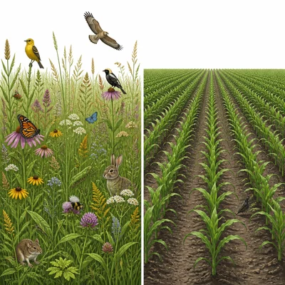 A varied grassland compared with a uniform crop field planted in rows.