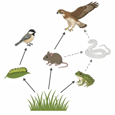 A simple food web with one missing species disrupting connections among organisms.