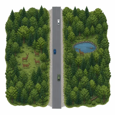 A road divides a forest into two parts, separating deer from the other side.
