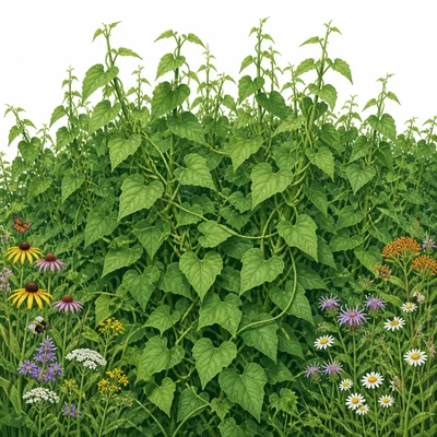 Dense invasive plants crowd out native wildflowers in a meadow.