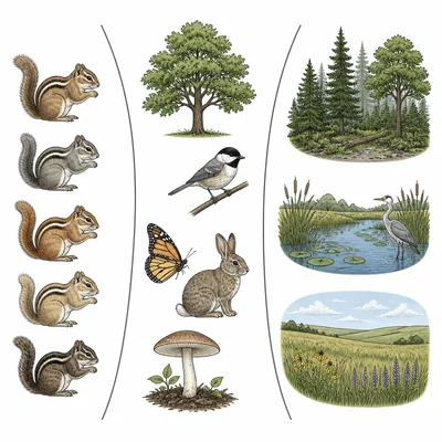 Diagram showing genetic variation, species variety, and different ecosystems as levels of biodiversity.
