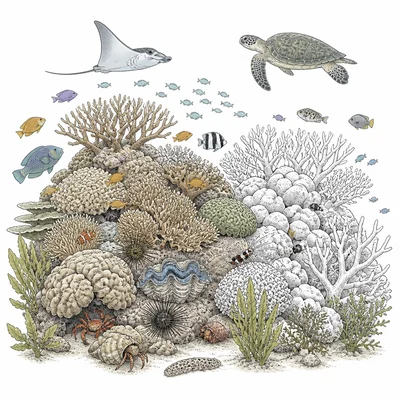 Coral reef habitat supporting many marine species, with part of the reef shown as damaged.