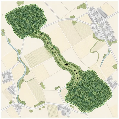 Map of two forest patches connected by a wildlife corridor allowing animal movement.