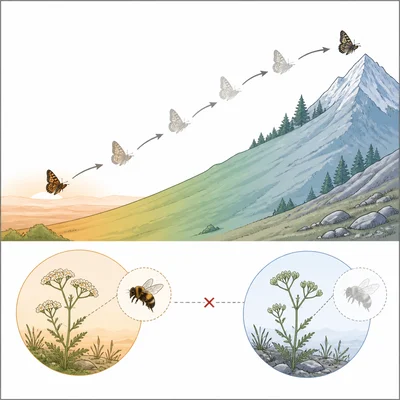 Species range shifting toward cooler habitat with a possible mismatch between flowers and pollinators.