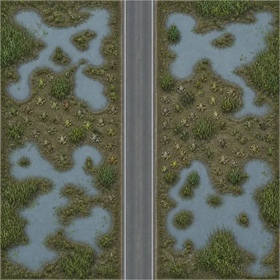 Wetland habitat split by a road, separating frogs into two isolated groups.