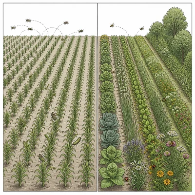 Comparison of a uniform monoculture field with pests and a diverse farm system with mixed plants.