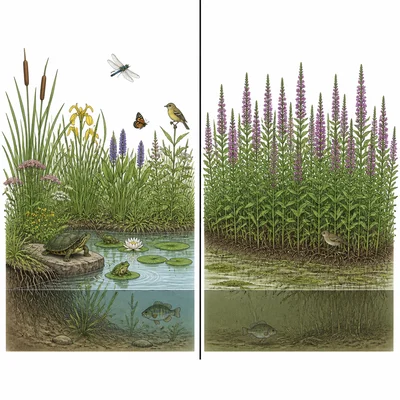 Invasive species spreading through a habitat and reducing native plants and animals.