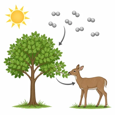 Carbon from the air moves into plants and then into an animal that eats the plant.