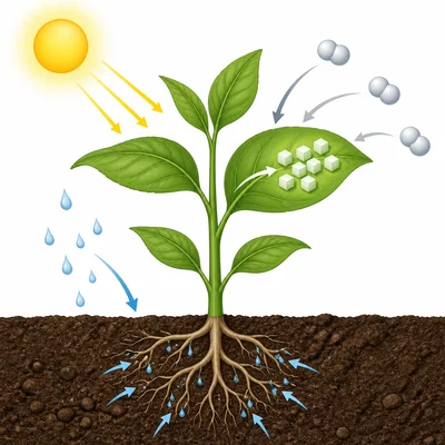 A plant uses sunlight, water, and air molecules to make sugar during photosynthesis.