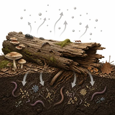 A dead tree decomposes, moving carbon into the soil and air.