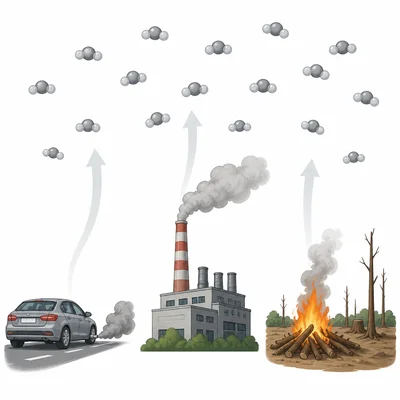 Cars, factories, and burning trees release carbon into the air.