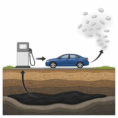 Gasoline comes from underground fossil fuels and carbon moves to the air when burned.