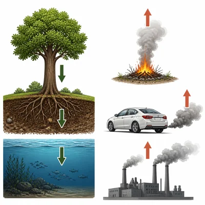 Carbon can be stored in trees, soil, and oceans or released by fire, cars, and factories.
