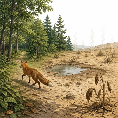Warming changes a habitat, causing plants to wilt and an animal to move.