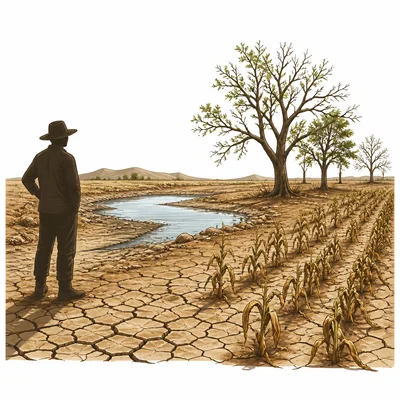 Drought leaves cracked soil, low water, wilted crops, and stressed ecosystems.