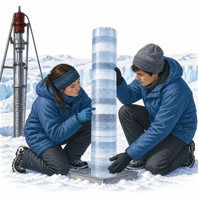 Scientists study a layered ice core with trapped bubbles from a glacier.